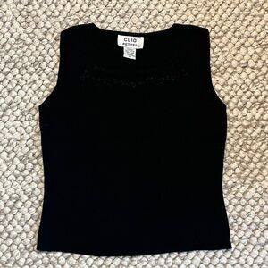 Clio Petites Black Cotton Tank Top with Rose Embroidery